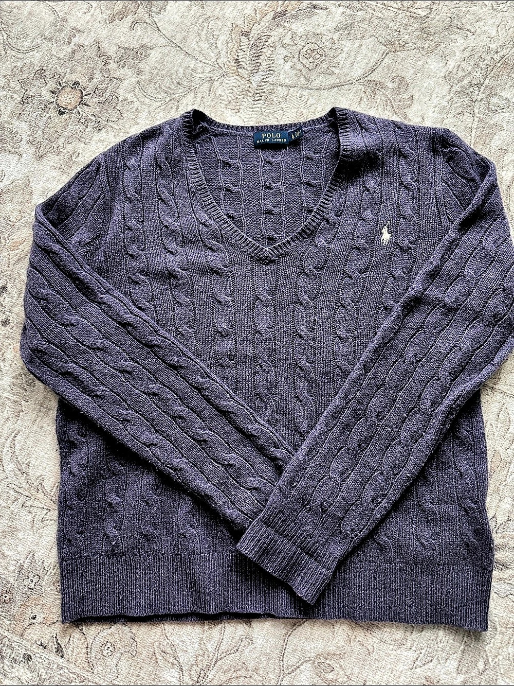 Polo Ralph Lauren Cable-Knit Wool-Cashmere V-Neck Sweater Purple Large
